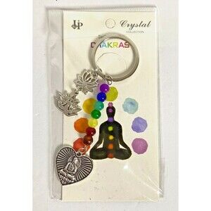 The Seven Chakras Buddha Charm Keychain Multicolor Beads Silver Tone Metal New